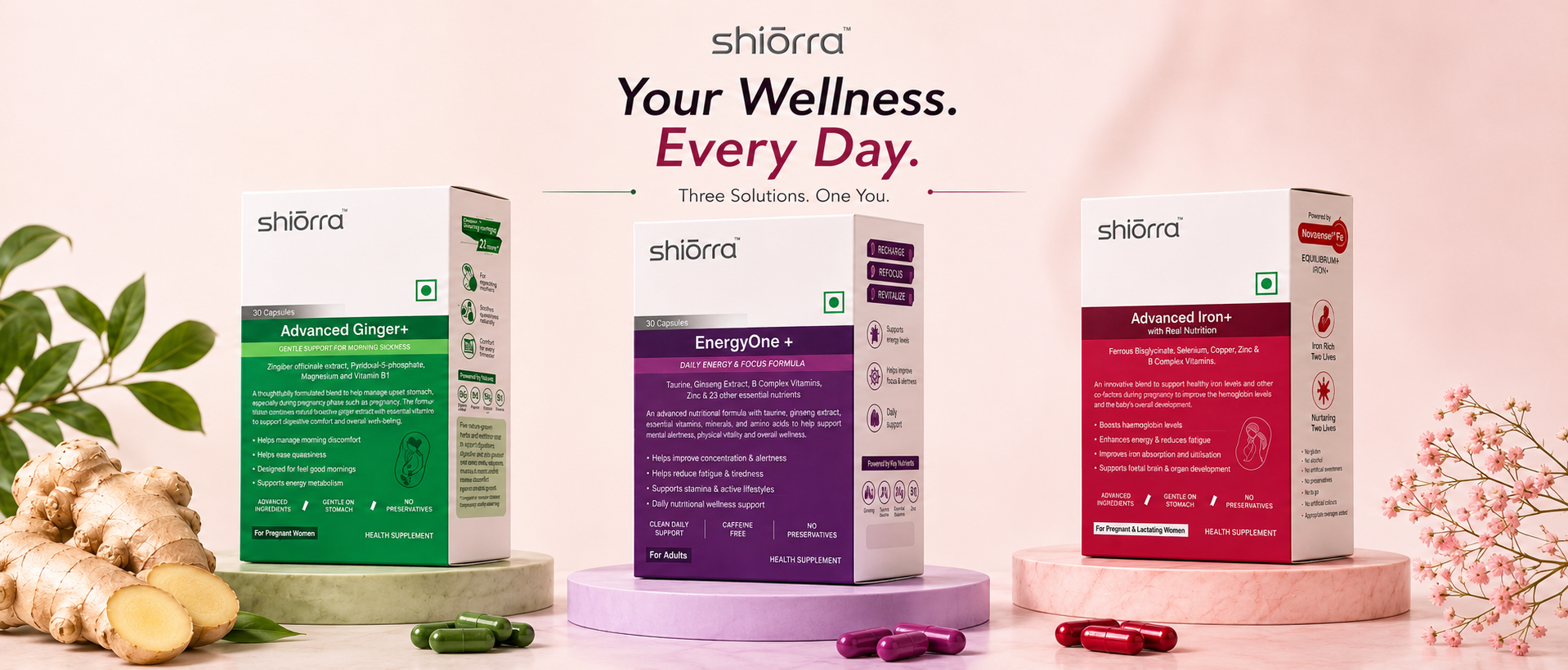 Shiōrra — your wellness, every day. Advanced Ginger+, EnergyOne+ and Iron+ together