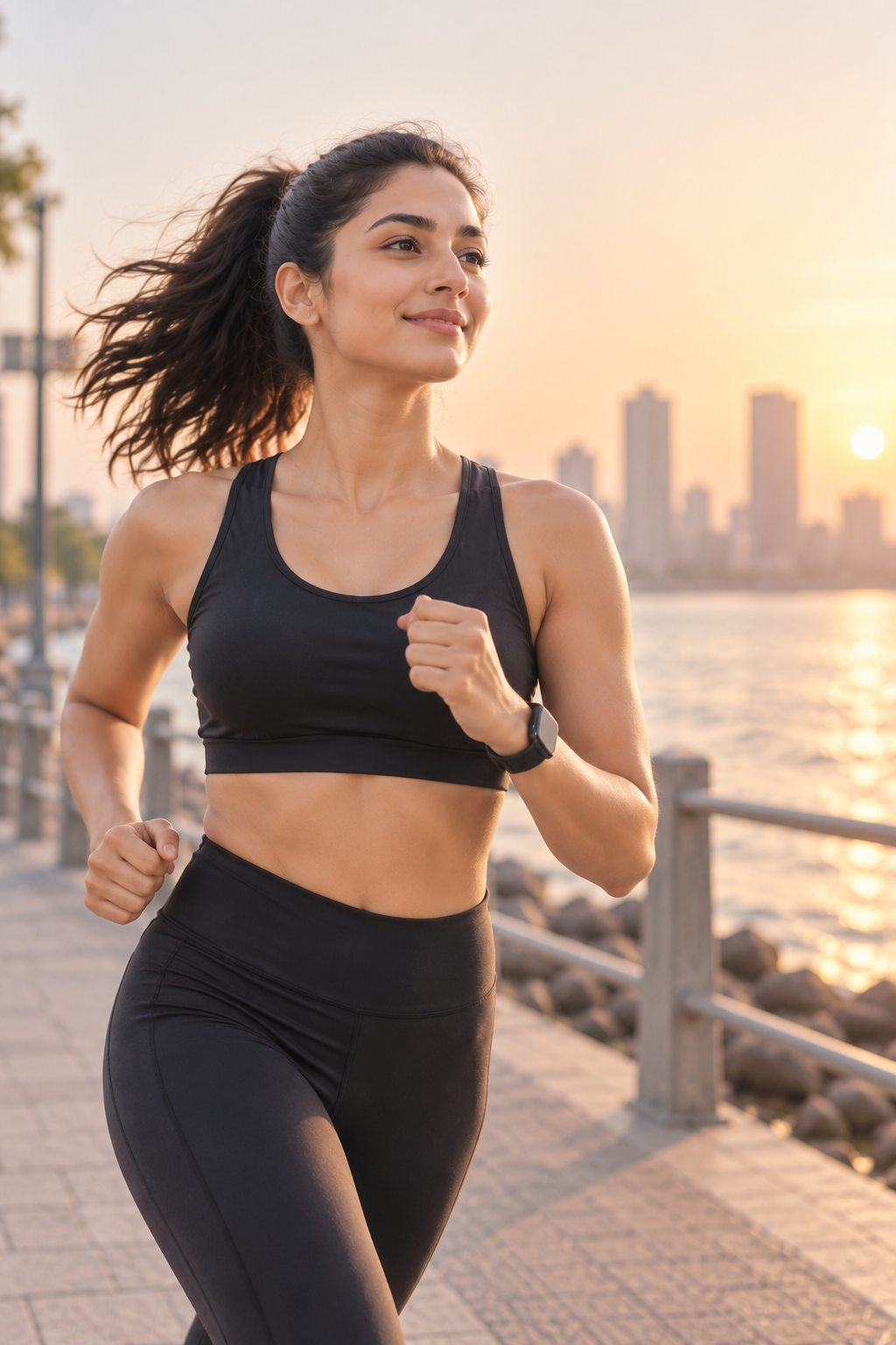 A woman out for a run along the seafront at sunrise