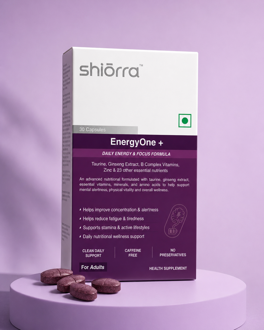 Hands holding the Shiōrra Advanced EnergyOne+ pack beside ginseng root on an orange backdrop
