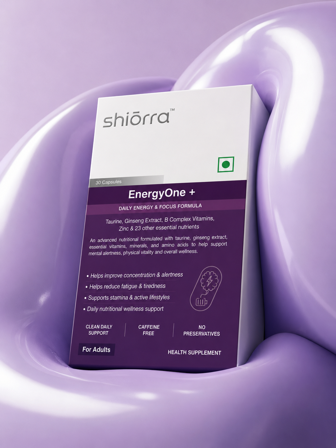 Shiōrra Advanced EnergyOne+ pack set into a glossy lilac swirl
