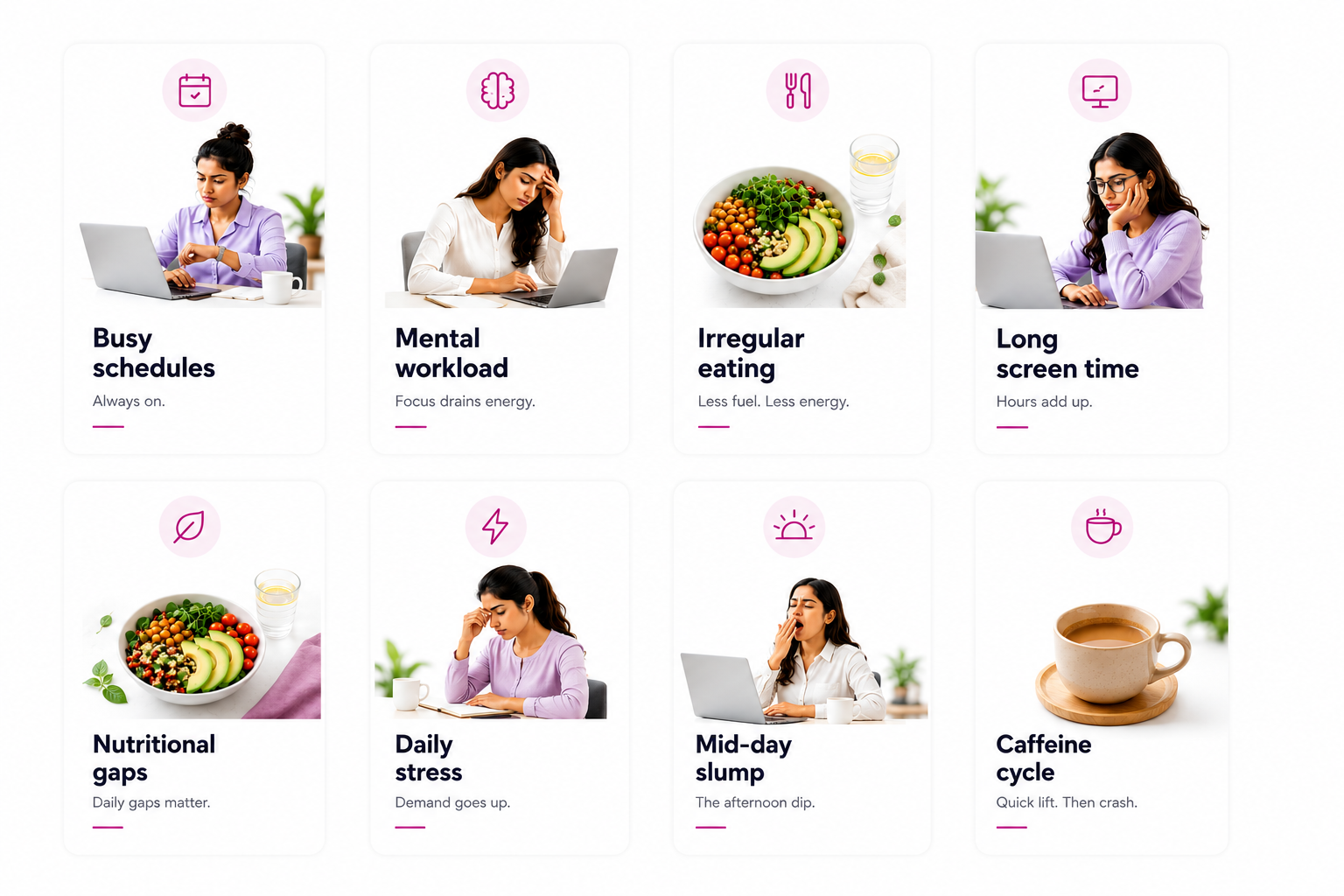 Why we feel drained — busy schedules (back-to-back meetings, long commutes, late nights), mental workload (your brain uses large amounts of energy, focus is finite), irregular eating (skipped meals reduce available nutrients), long screen time (taxes mental stamina and visual focus), nutritional gaps (even a balanced diet may not cover daily actives), daily stress (raises nutrient demand, energy dips), mid-day slump (afternoon focus and motivation drop), caffeine cycle (stimulants give a short lift then leave you flatter)