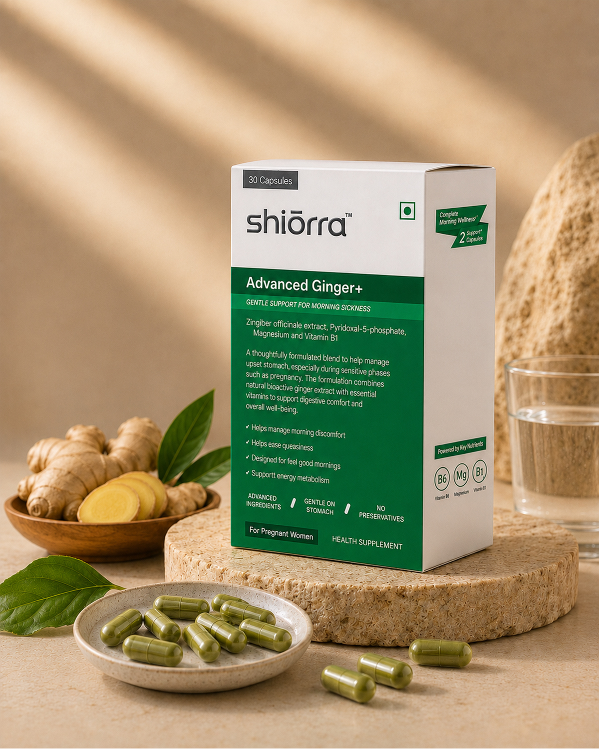 Shiōrra Advanced Ginger+ box with capsule blister and fresh ginger root on a warm backdrop