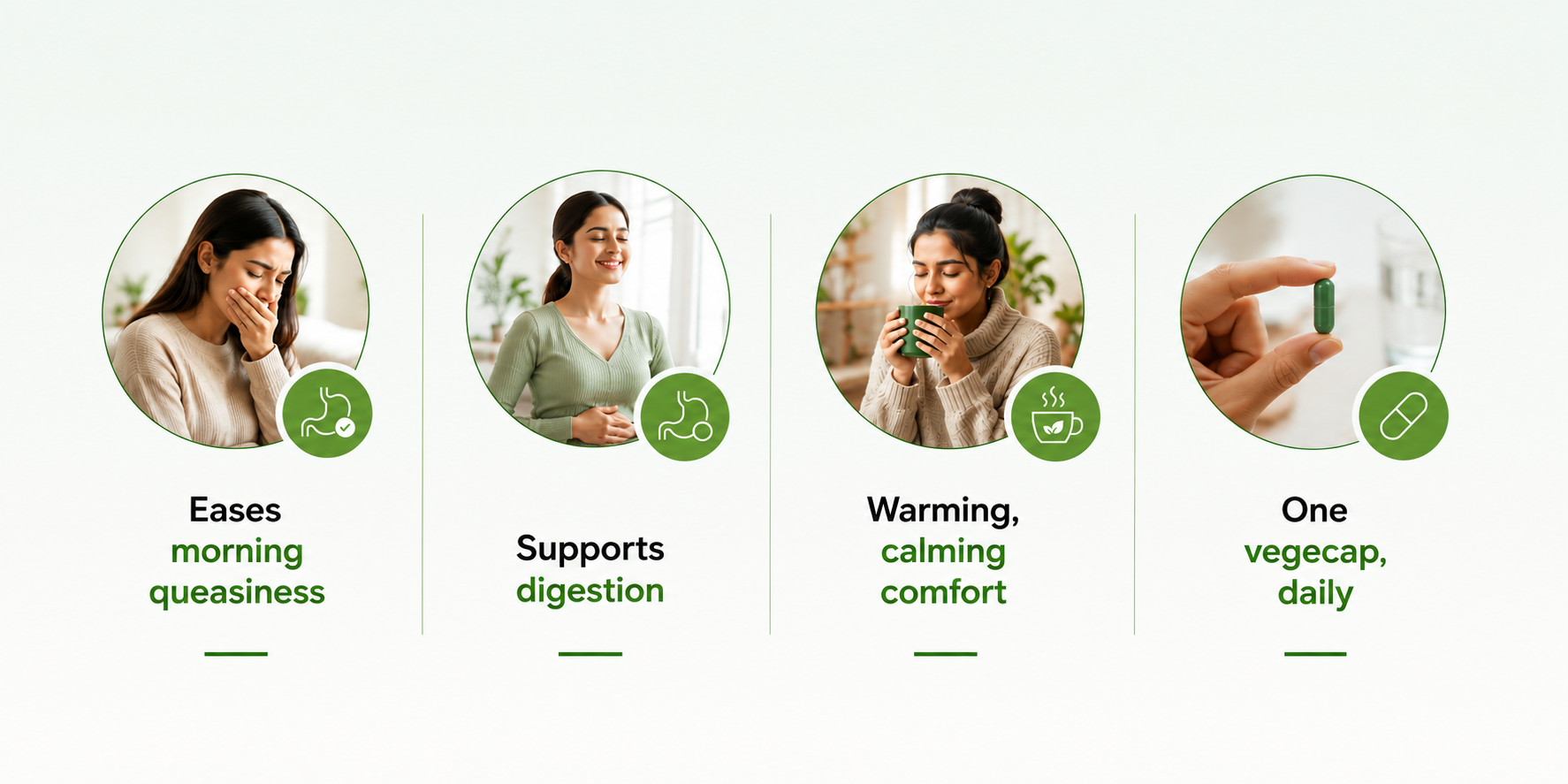 Ginger+ benefits — eases morning queasiness, supports digestion, warming calming comfort, one vegecap daily