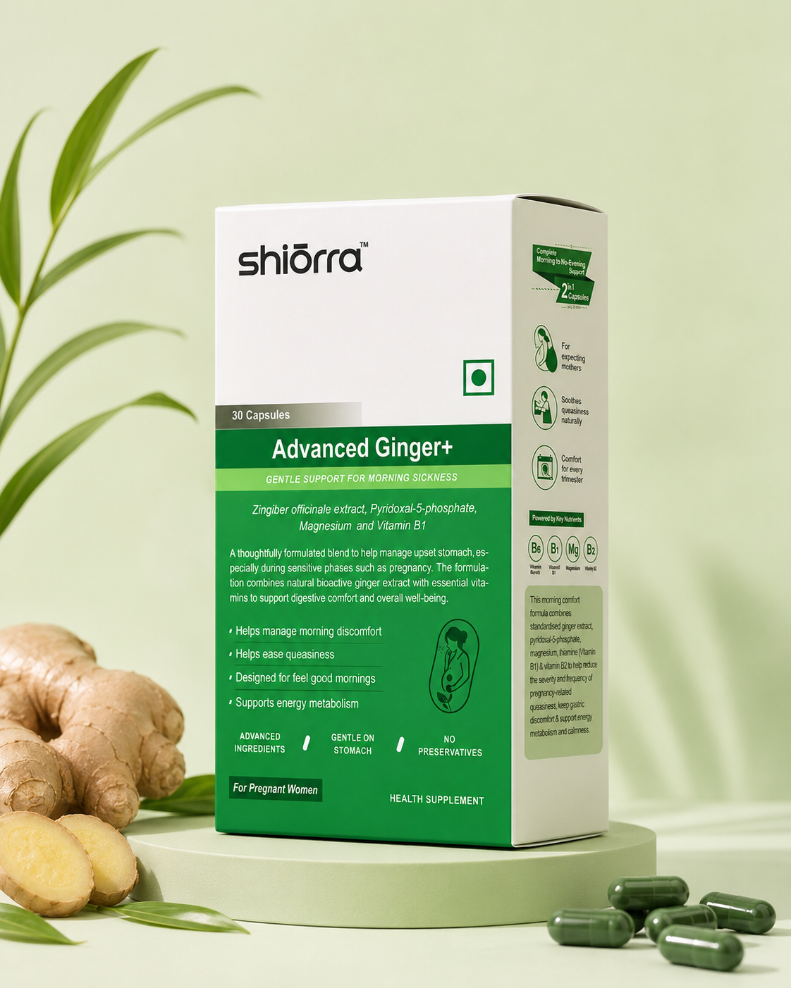 Shiōrra Advanced Ginger+ pack on a pale green backdrop with fresh ginger root and green capsules