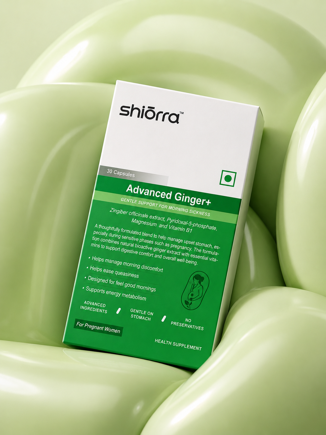 Shiōrra Advanced Ginger+ pack among glossy pale green spheres