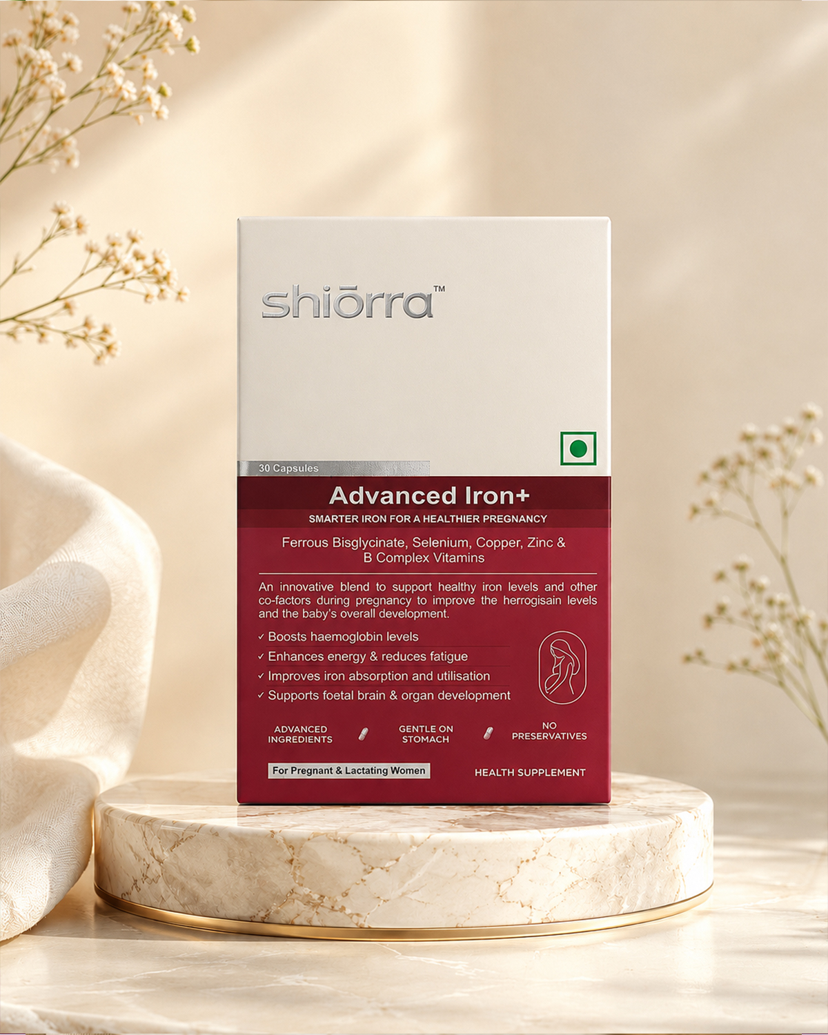 Shiōrra Advanced Iron+ box with capsule blister, glass of water and stoneware