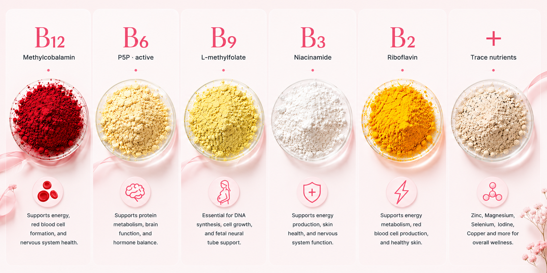 The B-complex co-factors in Iron+ — B12 Methylcobalamin (supports energy, red blood cell formation, nervous system health), B6 P5P active form (supports protein metabolism, brain function, hormone balance), B9 L-methylfolate (essential for DNA synthesis, cell growth, fetal neural tube support), B3 Niacinamide (supports energy production, skin health, nervous system function), B2 Riboflavin (supports energy metabolism, red blood cell production, healthy skin), and trace nutrients — Zinc, Magnesium, Selenium, Iodine, Copper