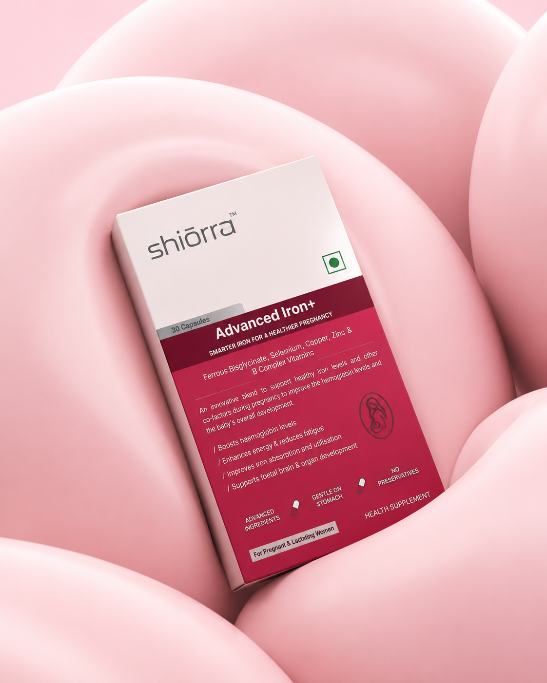 Shiōrra Advanced Iron+ pack nestled in soft sculptural pink forms