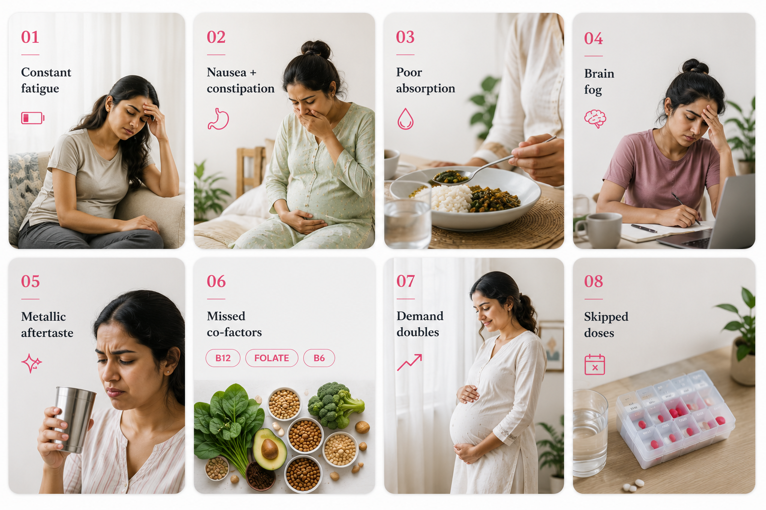 Eight signs of iron deficiency in pregnancy — constant fatigue, nausea and constipation, poor absorption, brain fog, metallic aftertaste, missed co-factors, doubling demand, skipped doses