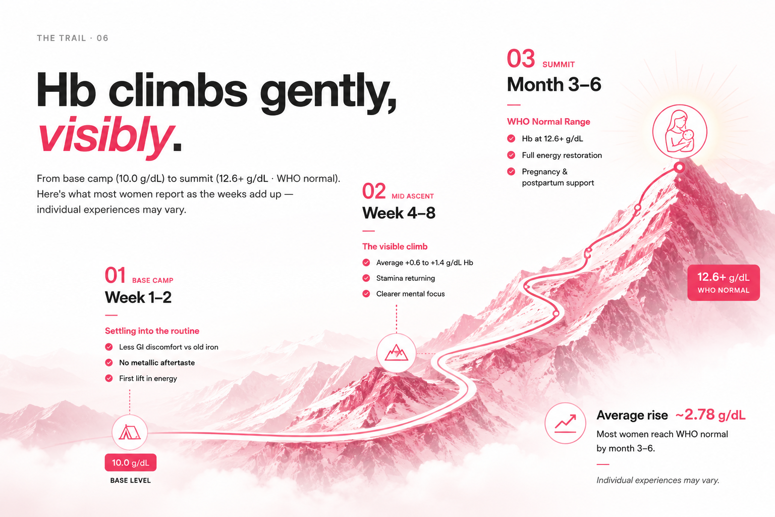 Hb climbs gently, visibly — six-month iron timeline. Base camp at 10.0 g/dL (Week 1-2: settling into routine, less GI discomfort, no metallic aftertaste, first lift in energy). Mid ascent at Week 4-8 (the visible climb, average +0.6 to +1.4 g/dL Hb gain, stamina returning, clearer mental focus). Summit at Month 3-6 (WHO normal range, Hb at 12.6+ g/dL, full energy restoration, pregnancy and postpartum support). Average rise ~2.78 g/dL — most women reach WHO normal by month 3-6, individual experiences may vary.